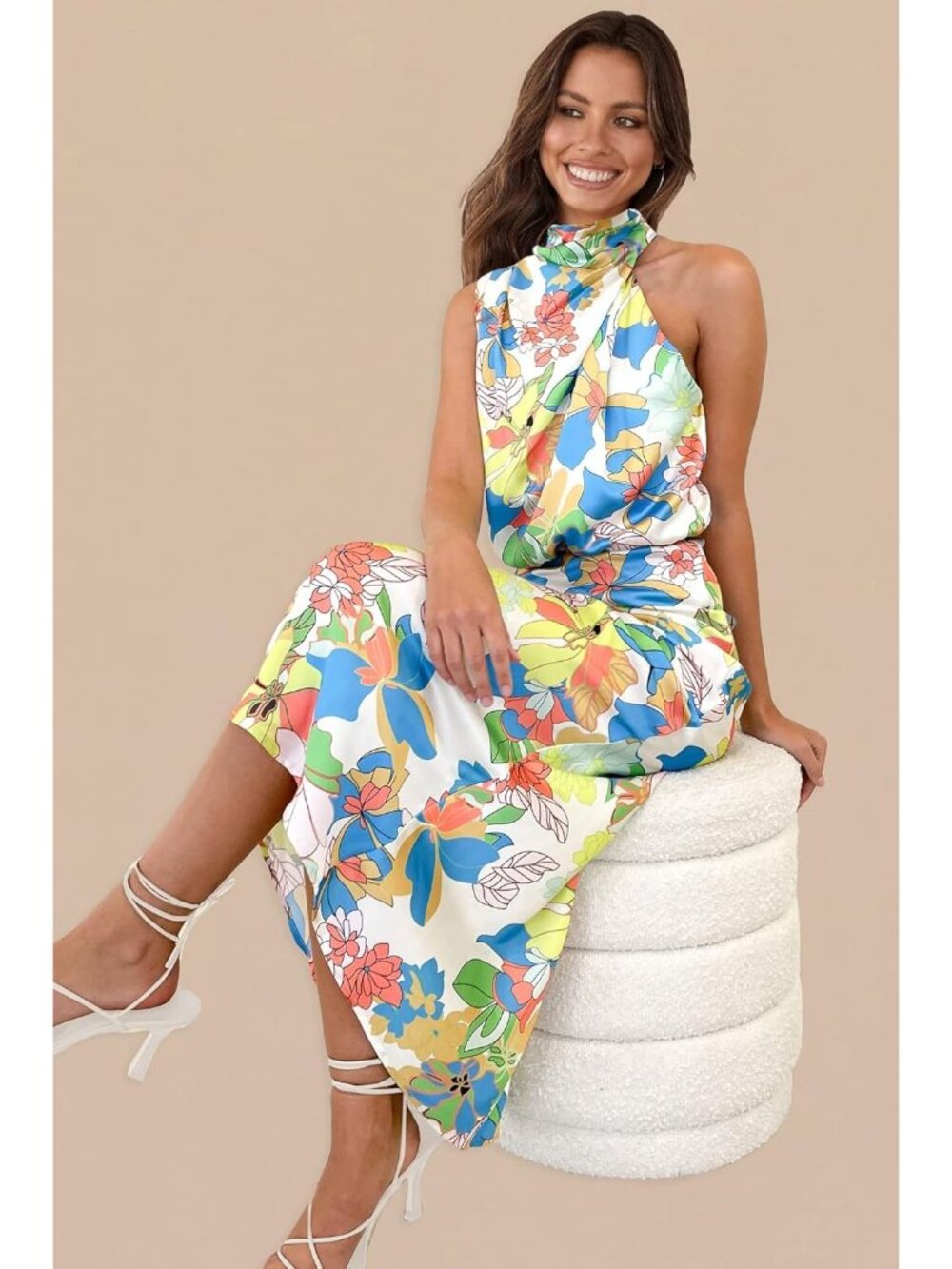 Women Print Multicolored Satin Elegant Sleeveless Mock Neck Cocktail Maxi Dress - Picture 4 of 6